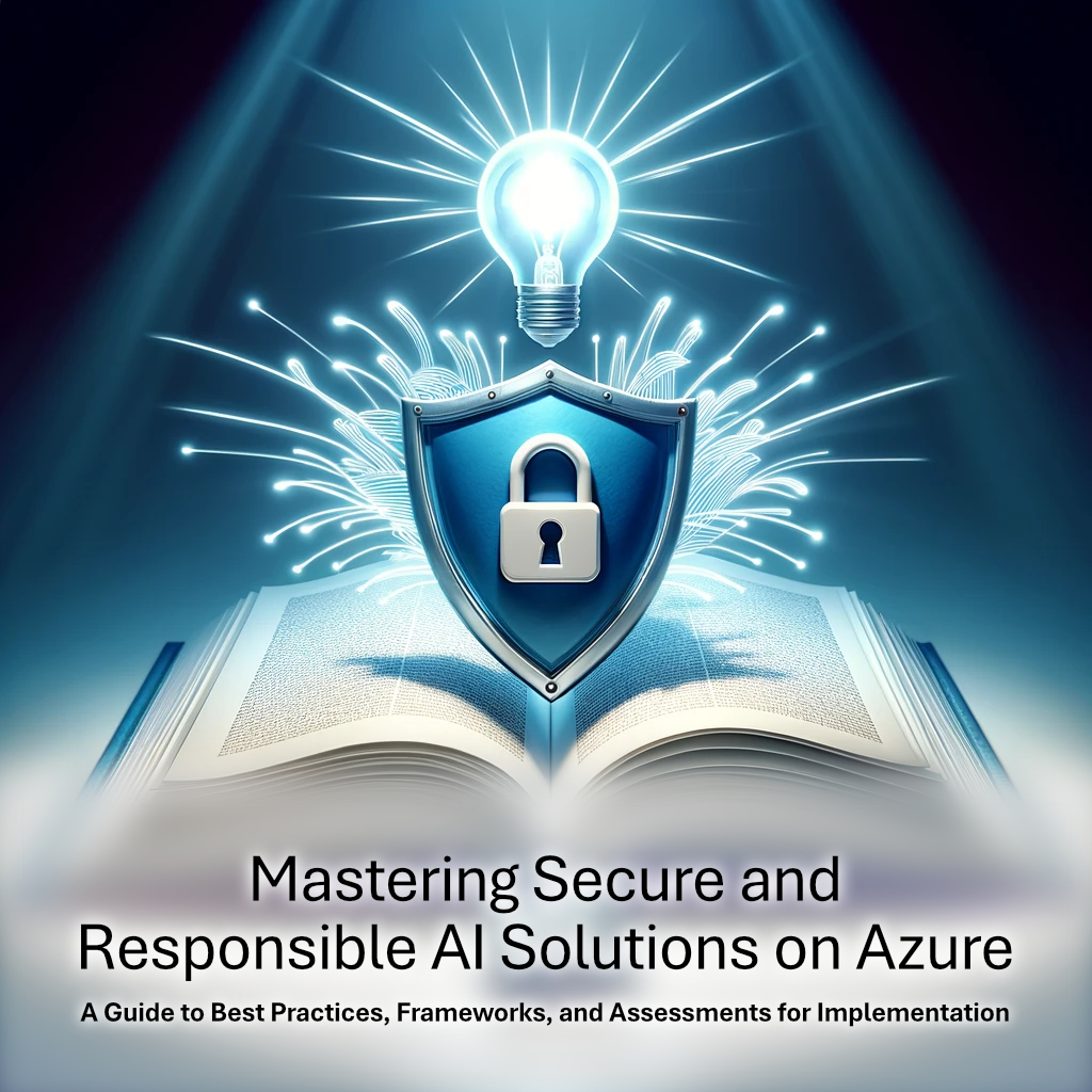 An image representing mastering secure and responsible AI solutions on Azure. An open book rests on a surface, its pages a crisp white, with one page prominently displaying a shield emblem. Centered on the shield is a padlock, symbolizing safety and security. Hovering above the open book, a radiant light bulb shines, embodying the spark of an idea.